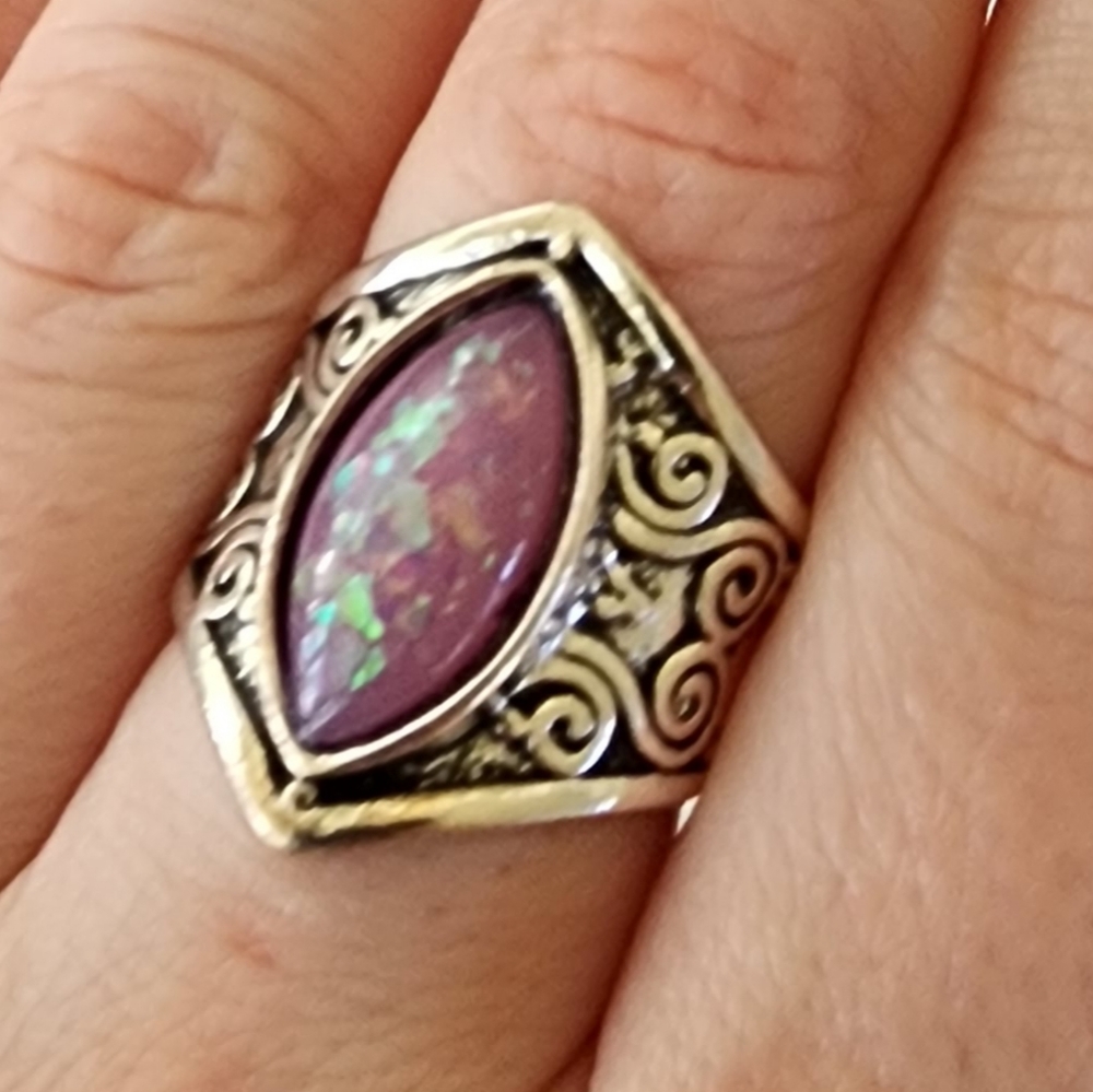 💜 Marquise Purple Fire Opal Filigree Ring